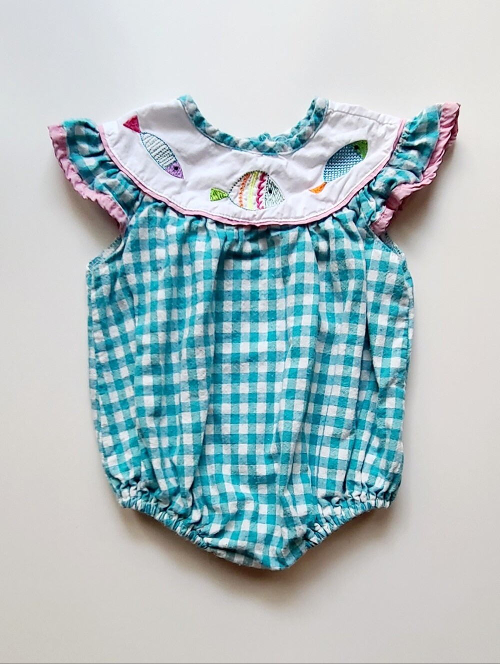Honey Bean Gingham Plaid Bubble Romper Embroidered Fish Girls 24 Months